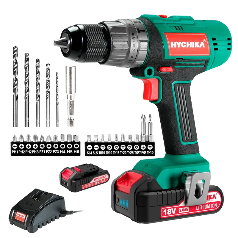 HYCHIKA 18V Cordless Drill, 45 N.m Electric Screwdriver, 27 PCS Power Drill, 21+3 Torque, 2 Speed, LED Work Light, 2.0 Ah Battery, Charger, Electric Drills Cordless for Home and Garden DIY