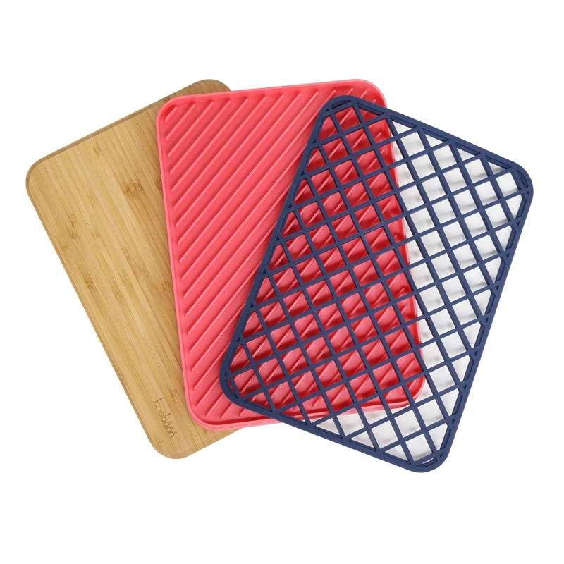 Trebonn Trilogy Chop Drain & Rest, Kitchen Set with Bamboo Chopping Board 34 x 24 cm, Draining Board, and Silicone Trivet Rest - Image 1