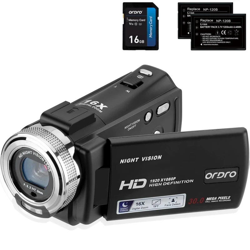 ORDRO Camcorder Night Vision Video Camera YouTube Vlogging Camera Recorder Full HD 1080P 15FPS 30MP 3.0 Inch 270 Degree Rotation LCD 16X Digital Zoom Camcorder with 2 Batteries and 16GB SD Card