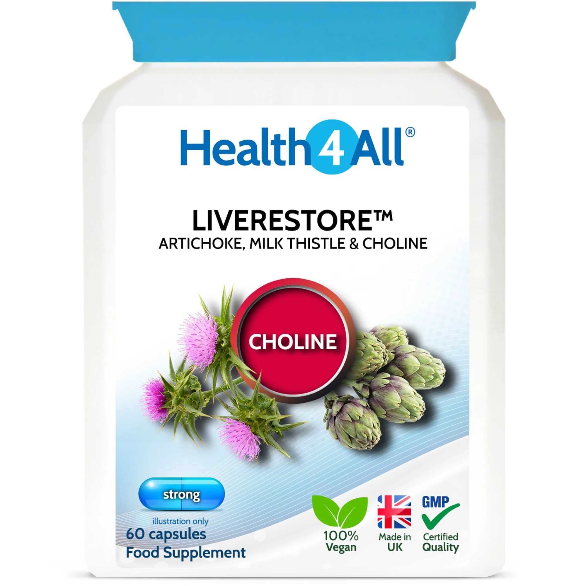 Health4All Liverestore Liver Cleanse Detox and Repair Capsules, Milk Thistle (80% Silymarin), Artichoke and Choline, 60 Capsules, Vegan Liver Health Support Supplement, 2 Month Supply | Made in UK