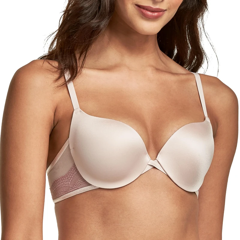 Maidenform Underwire Demi Bra, Best Push-Up Bra with Wonderbra Technology, Smoothing Lace-Trim Bra with Push-Up Cups, Sandshell W/Honey Blush Beige, 36A