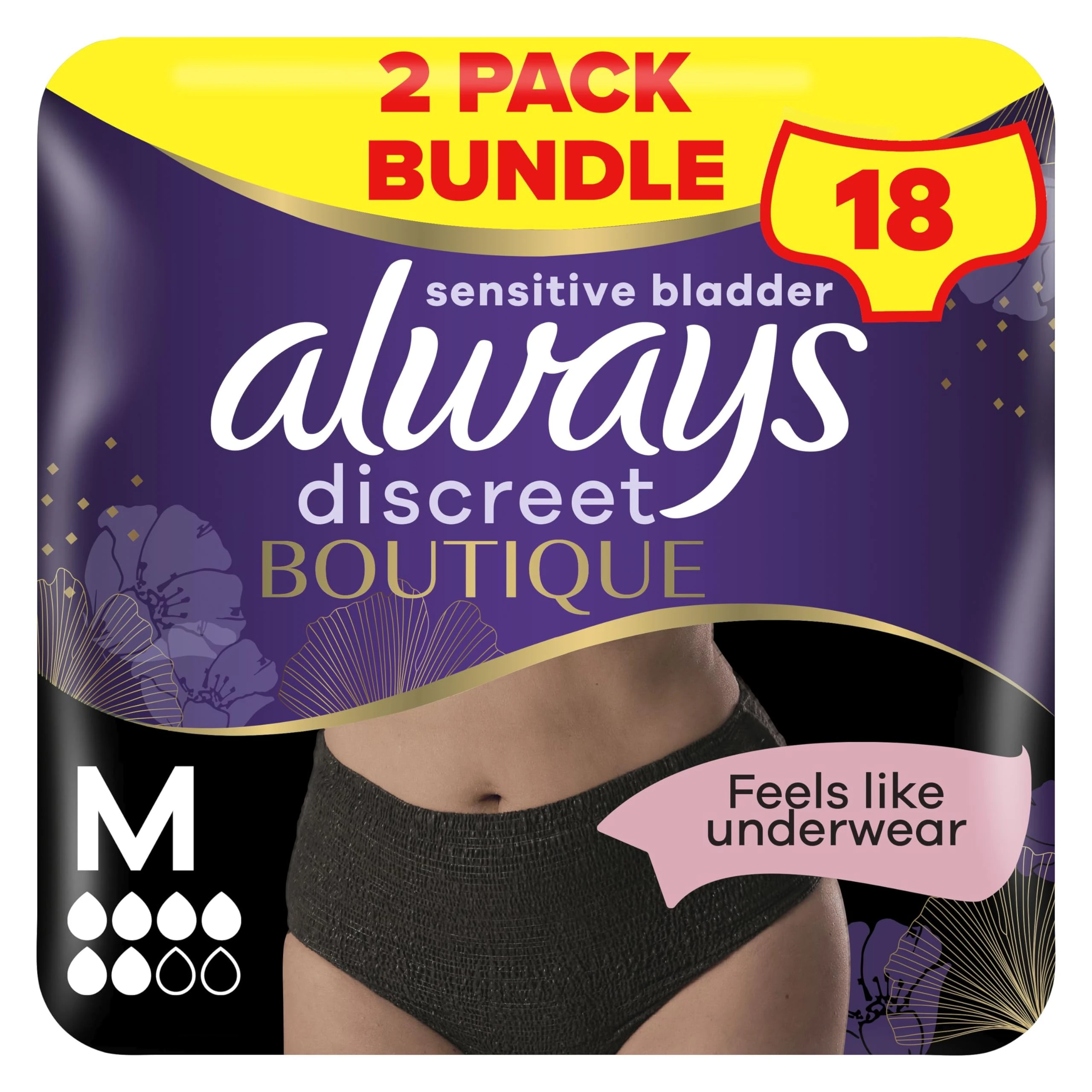 Always Discreet Boutique Incontinence Pants Women, Medium Size, Black, 18 High Absorbency Plus Pants (9 x 2 Packs), Odour Neutraliser, Softness and Protection, For Sensitive Bladder