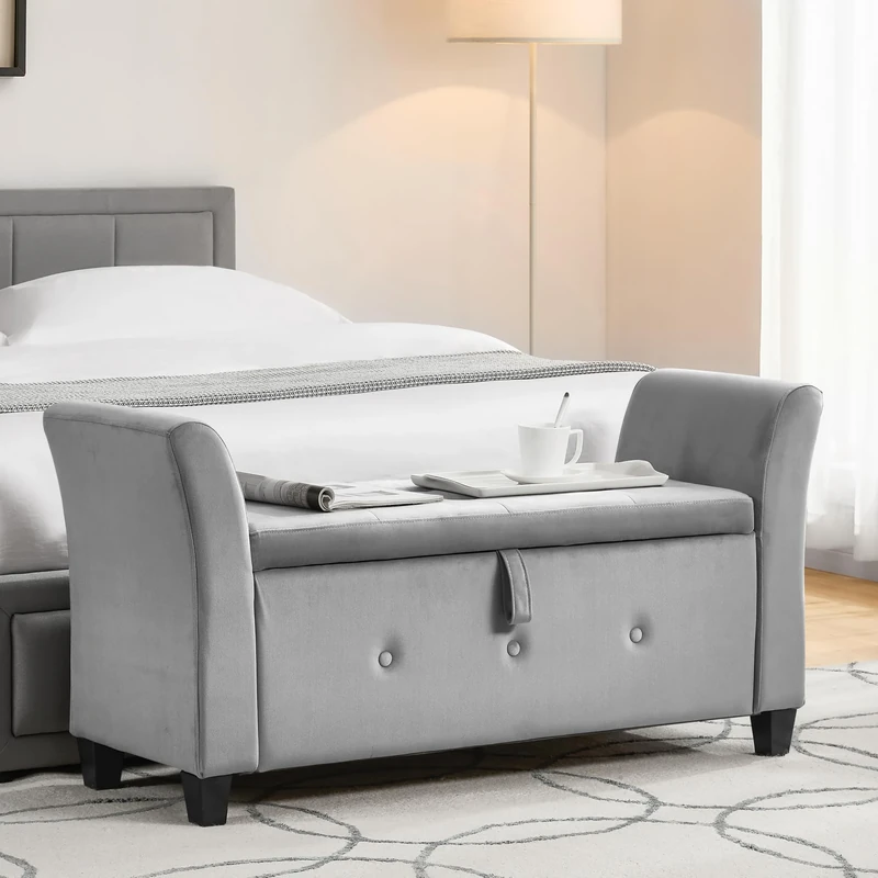 Vida Designs Seville Storage Ottoman, Fabric in Light Grey Velvet, 120x45x60cm - Storage Ottoman with Lift-Up Lid, Ideal for Toys, Bedding & Footstool Use | UKFR Certified