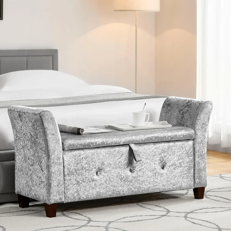 Vida Designs Seville Storage Ottoman, Fabric in Silver Velvet, 120x45x60cm - Storage Ottoman with Lift-Up Lid, Ideal for Toys, Bedding & Footstool Use | UKFR Certified