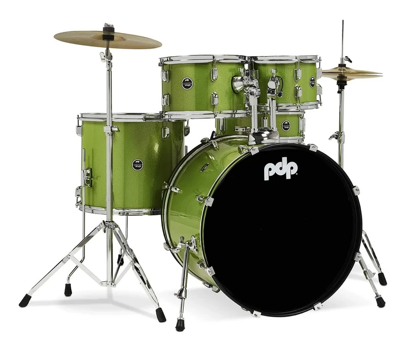 Pacific Drums Center Stage 5-Piece Drum Kit, 22" Bass Drum, Electric Green Sparkle, inc. hardware, Cymbals & Throne, Finish Ply