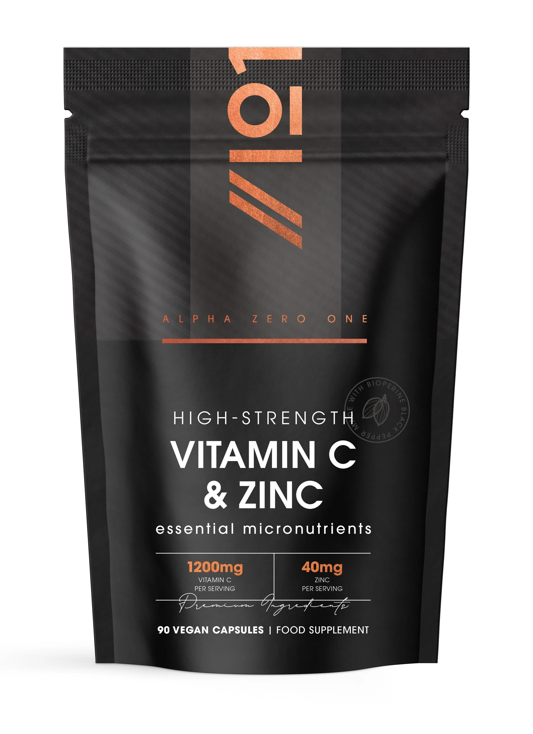 Vitamin C 1200mg Zinc 40mg - 90 Capsules - High Strength Immune Support – 2 Month Supply - Resealable and Recyclable Pouch – by Alpha01