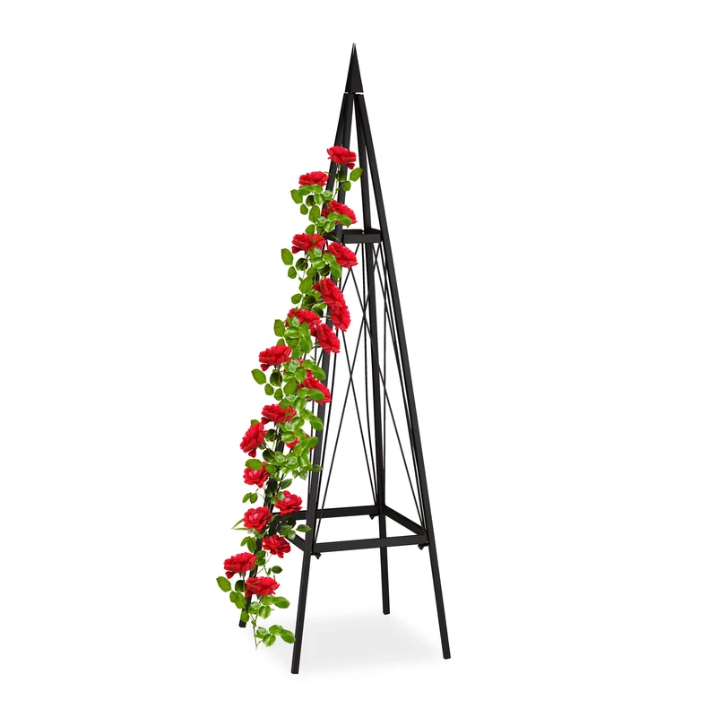 Relaxdays Garden Obelisk, Pyramid, Climbing Plants Support, Metal, Free-Standing, Weatherproof, Iron, H: 132 cm, Black