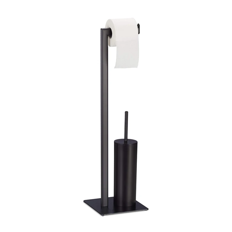 Relaxdays WC Set with Paper Roll Stand, Toilet Brush & Holder, Bathroom Accessories, HxWxD: 72.5 x 20 x 20 cm, Black
