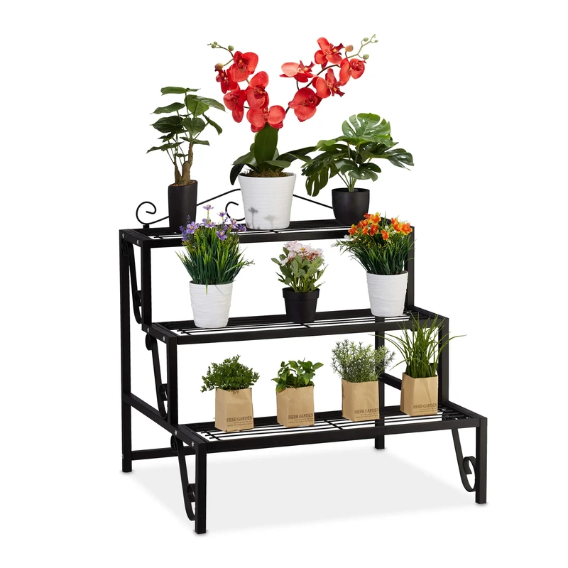 Relaxdays Plant Stand, Flower Rack with 3 Shelves, Powder Coated, H x W x D: 69 x 70 x 60 cm, Metal, Black