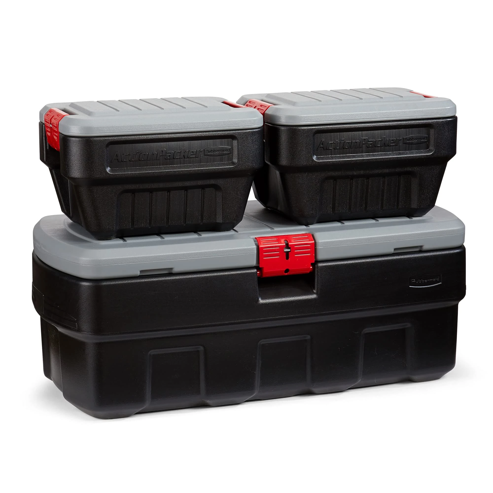 Rubbermaid ActionPacker 48 Gal and Two 8 Gal Containers, Lockable Storage Bins, Industrial, Rugged Storage Container Bundle with Lids