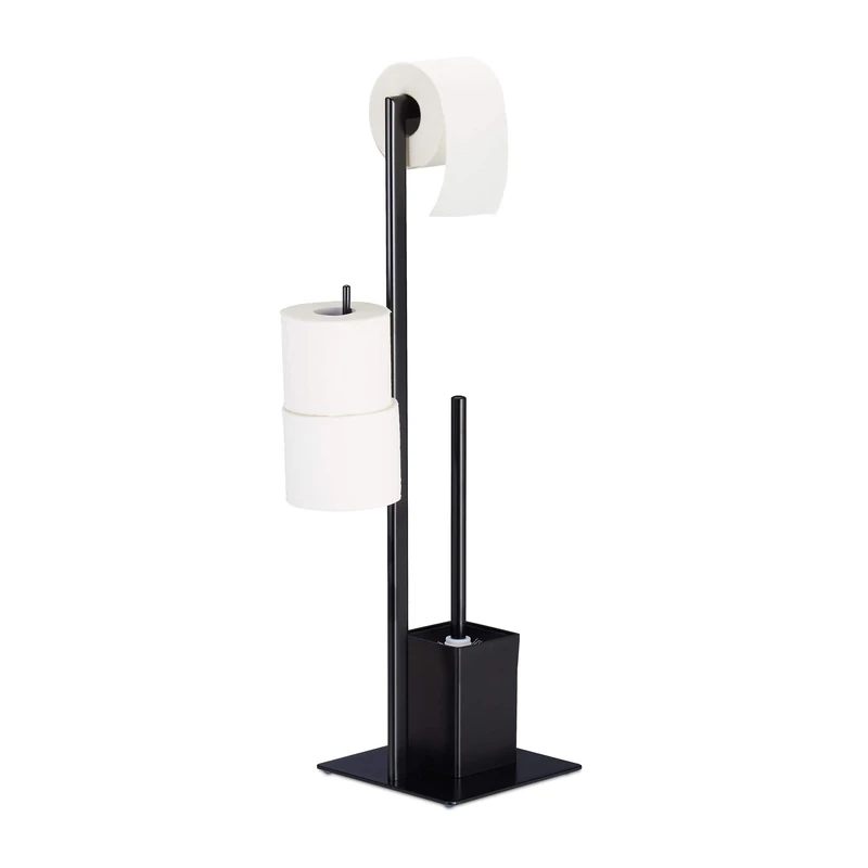 Relaxdays WC Set with Paper Roll Stand, Toilet Brush & Holder, Bathroom Accessories, HxWxD: 72 x 25 x 20 cm, Black