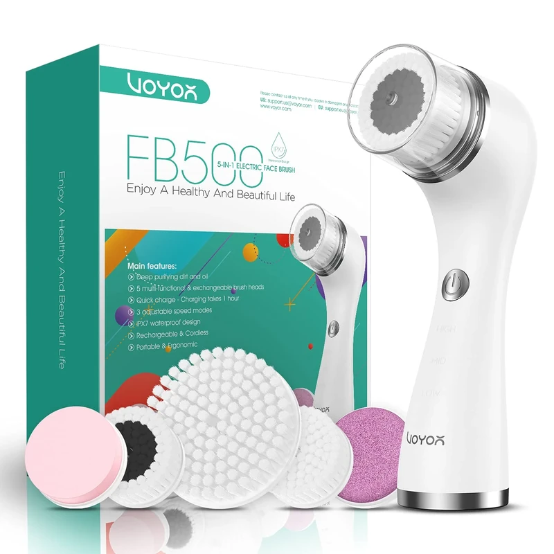 VOYOR Facial Cleansing Brush, Rechargeable Electric Face Cleanser Brush with 5 Brush Heads for Exfoliating, Removing Blackhead and Massaging IPX7 Waterproof FB500 (White)