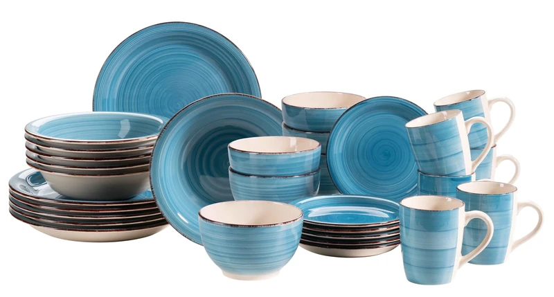 MÄSER 931619 Bel Tempo II 30-Piece Vintage Crockery Set for 6 People Hand-Painted Ceramic Crockery Set in Dark Blue Stoneware