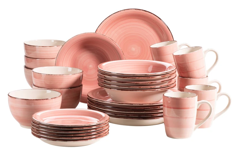 MÄSER 931615 Bel Tempo II 30-Piece Vintage Crockery Set for 6 People, Hand-Painted Ceramic Crockery Set in Pink, Stoneware, Coral