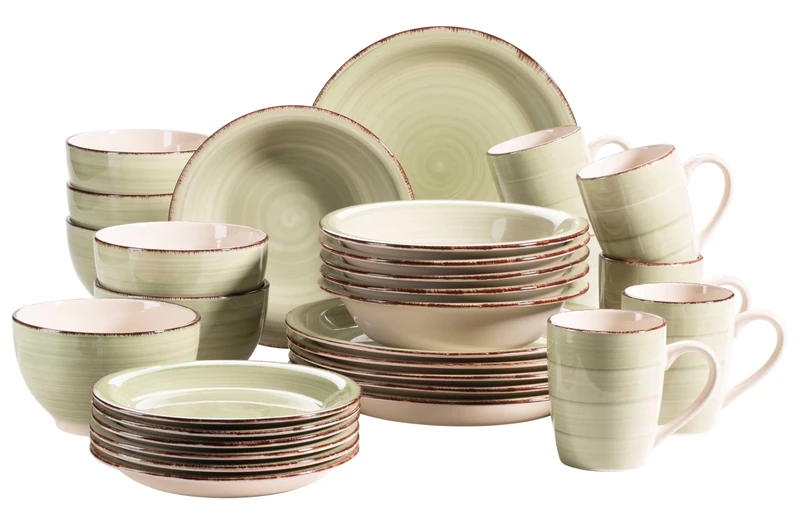MÄSER 931616 Bel Tempo II 30-Piece Vintage Crockery Set for 6 People Hand-Painted Ceramic Crockery Set in Green Stoneware
