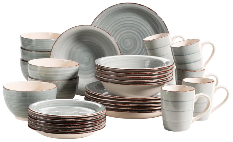 MÄSER 931612 Bel Tempo II 30-Piece Vintage Crockery Set for 6 People, Hand-Painted Ceramic Crockery Set in Blue, Stoneware, Smoke Blue