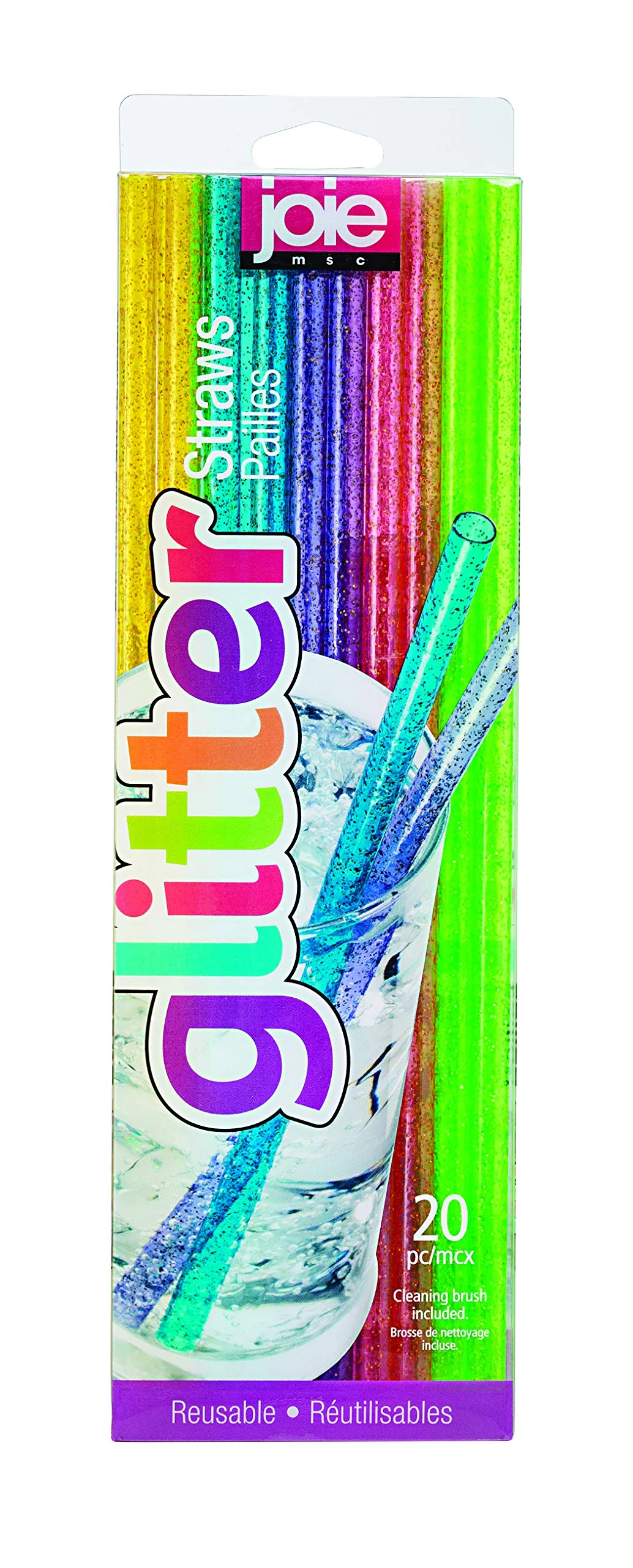 Joie Reusable Plastic Straws – 20-Piece Glitter Drinking Straws Set with Cleaning Brush, BPA-Free, Eco-Friendly & Dishwasher Safe, Colorful