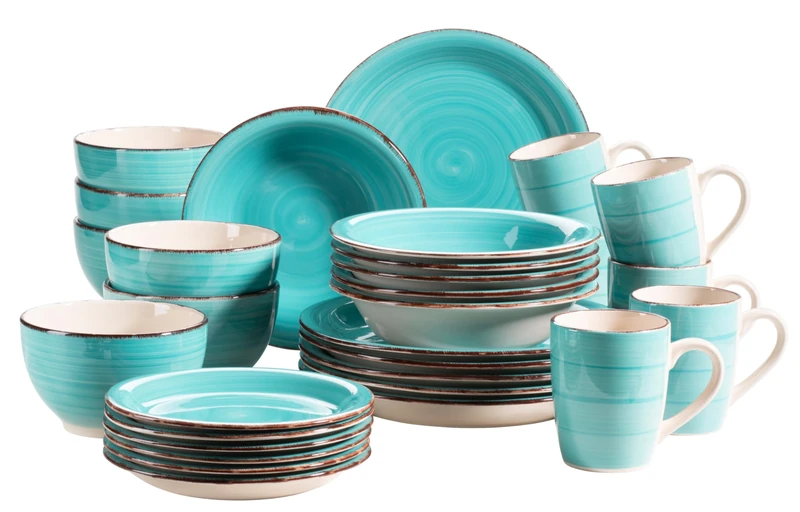 MÄSER 931614 Bel Tempo II 30-Piece Vintage Crockery Set for 6 People Hand-Painted Ceramic Crockery Set in Turquoise Stoneware