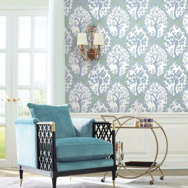 RoomMates RMK11663RL Ogee Tree and Vine Wallpaper Self Adhesive, Blue, Green, 45.72 cm x 5.74 m