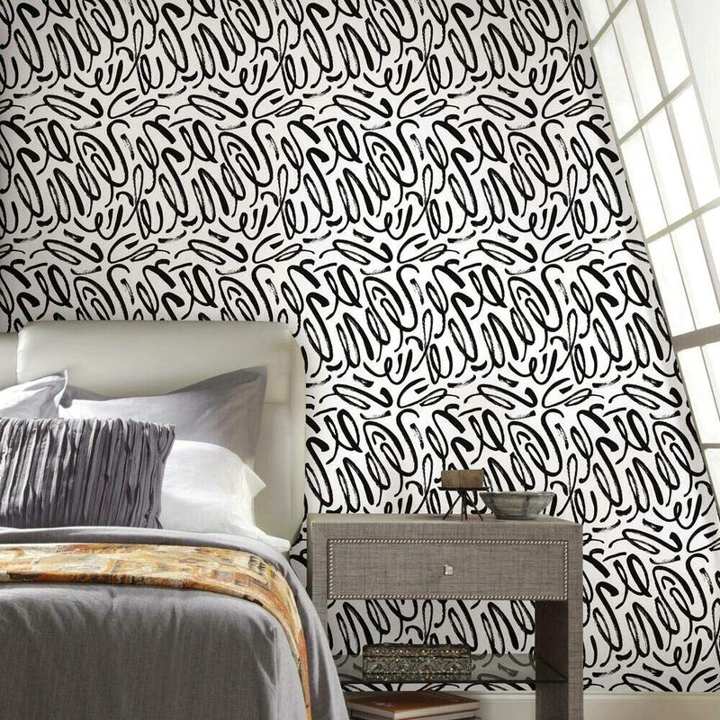 RoomMates RMK11622RL Curly Strokes Self Adhesive Wallpaper, Black/White, 45.72 cm x 5.74 m