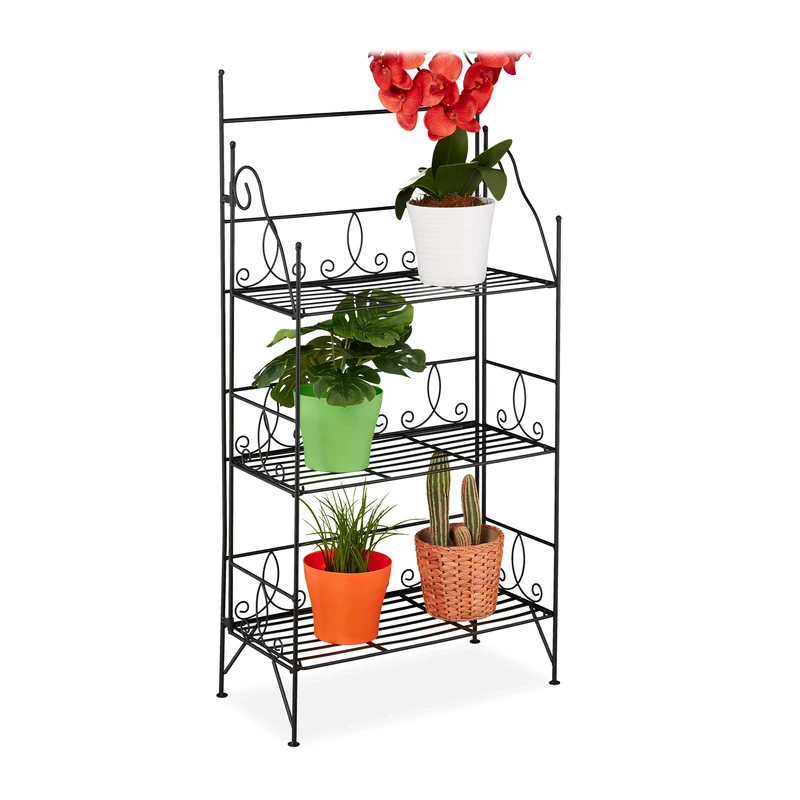 Relaxdays Plant Stand, Flower Rack with 3 Shelves, Foldable, Indoor, Outdoor, H x W x D: 100 x 50 x 25 cm, Metal, Black, Iron