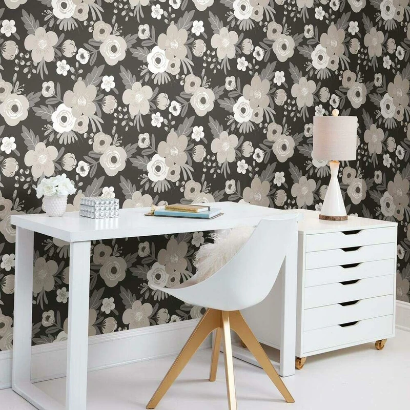 RoomMates RMK11627RL 45.72 cm x 5.74 m Vinyl Poppy Floral Wallpaper Adhesive - Black and White