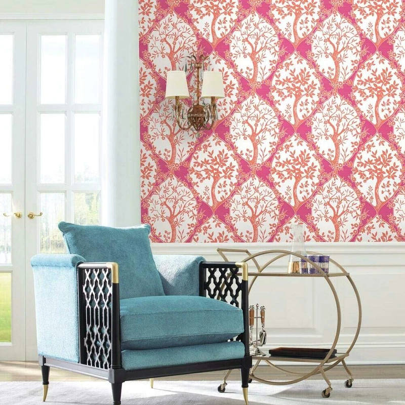 RoomMates RMK11665RL Ogee Tree and Vine Adhesive Wallpaper, Pink, Orange, 45.72 cm x 5.74 m