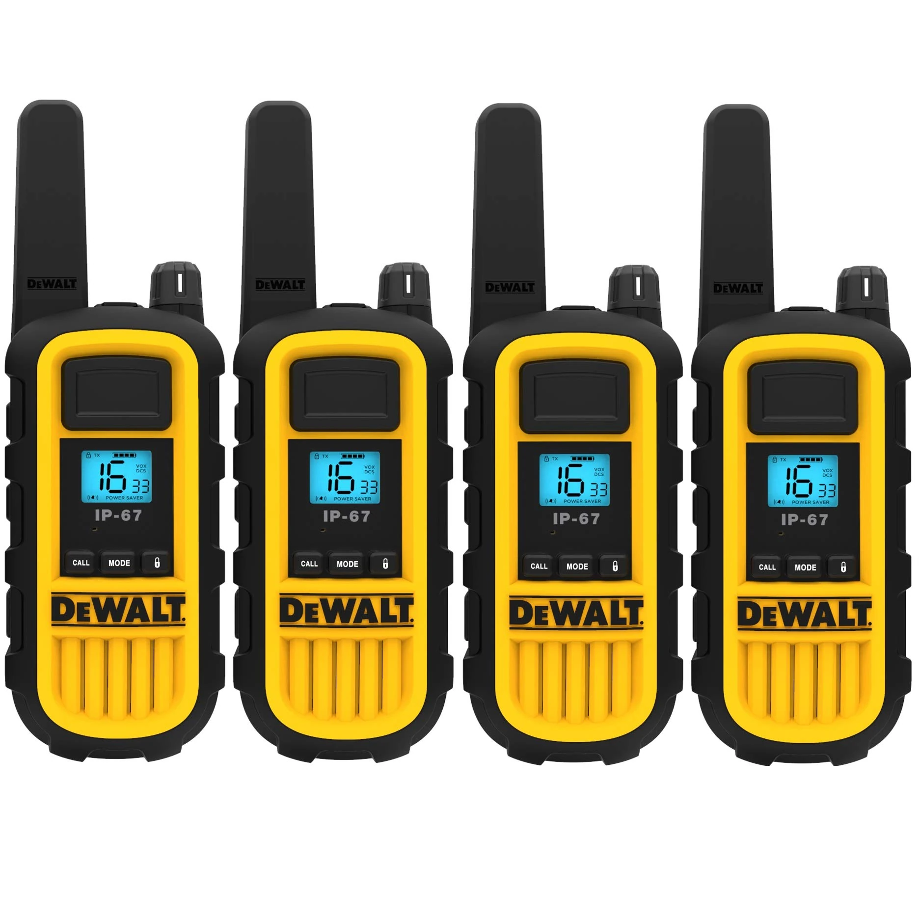 DEWALT DXPMR800 Heavy Duty Professional Walkie Talkie PMR Radio with Up to 15 Floors/10km Range, License Free - Black and Yellow (4 Pack)