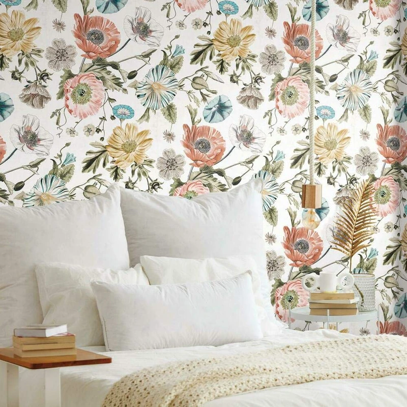 RoomMates RMK11659RL 45.72 cm x 5.74 m Vinyl Poppy Vintage Adhesive Wallpaper, White and Pink
