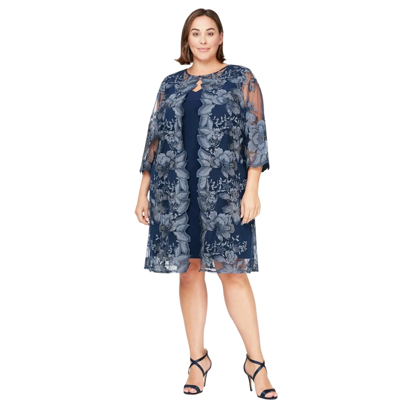 Alex Evenings Women's Plus Size Midi Scoop Neck Shift Dress with Jacket Special Occasion, Navy, 18