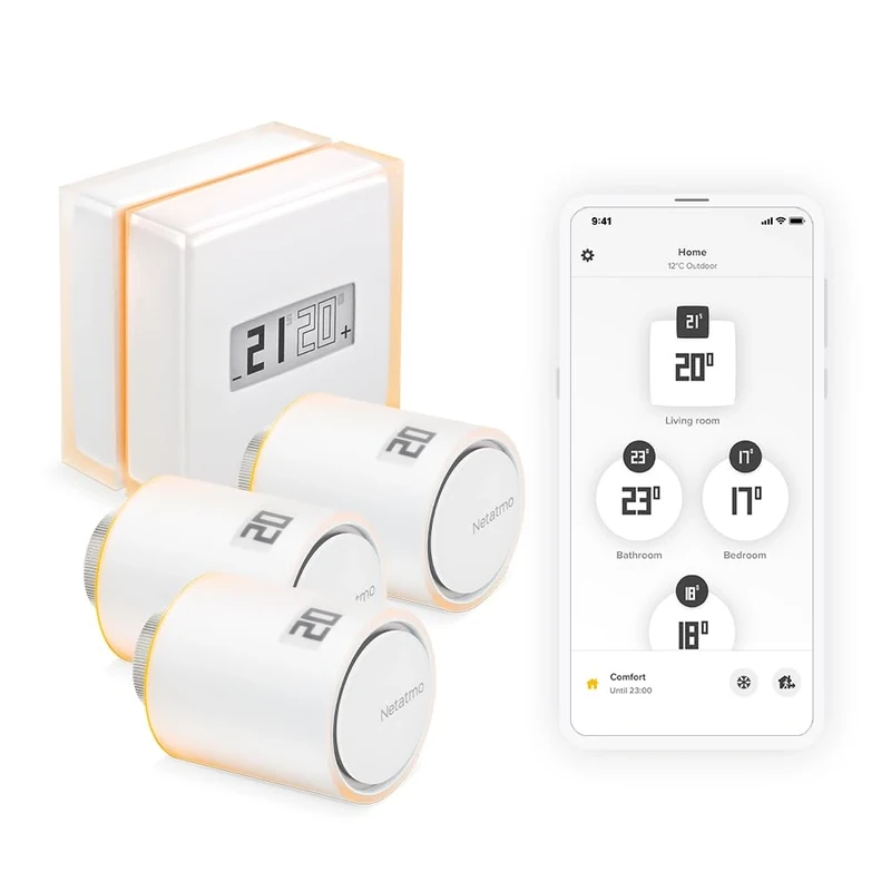 Netatmo Pack of Smart Thermostat + 3 Intelligent Connected Radiator Valve, Thermostatic Heads, Wifi, Remote Control via App, Compatible with Individual Heating, NBU-NTH-NAV-EU