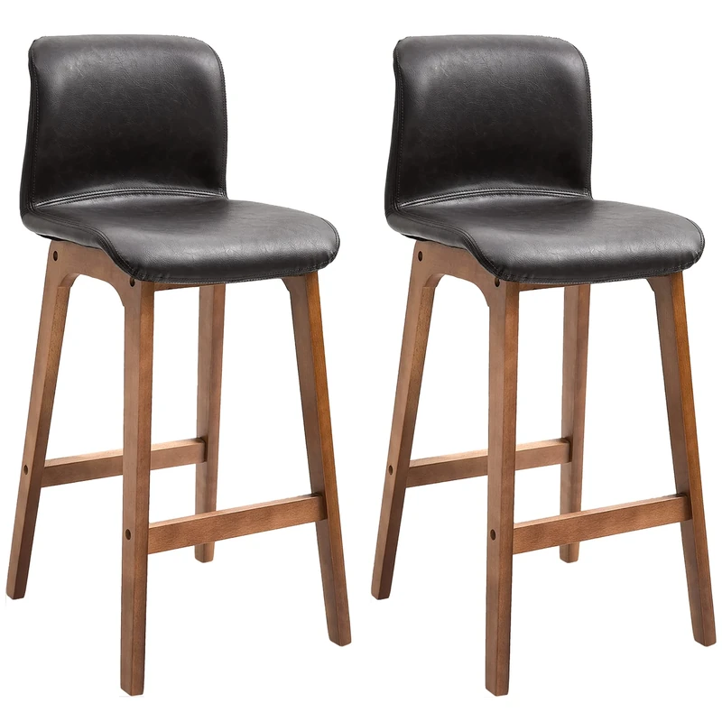 HOMCOM Bar Stools Set of 2, Faux Leather Breakfast Barstools with Backrest and Footrest, Bar Chairs for Kitchen, Dining Room, Dark Brown