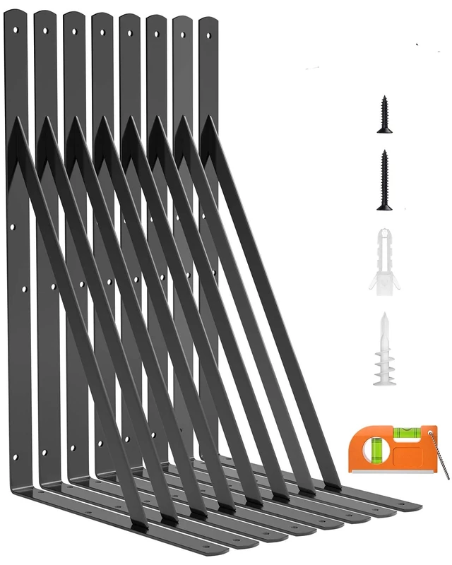 LuckIn 8-Pack Heavy Duty Shelf Bracket, 18 Inch Wall Shelf Brackets with 90 Degree Triangle, 250 LBS Max Load, Mounting Hardware Included, Black