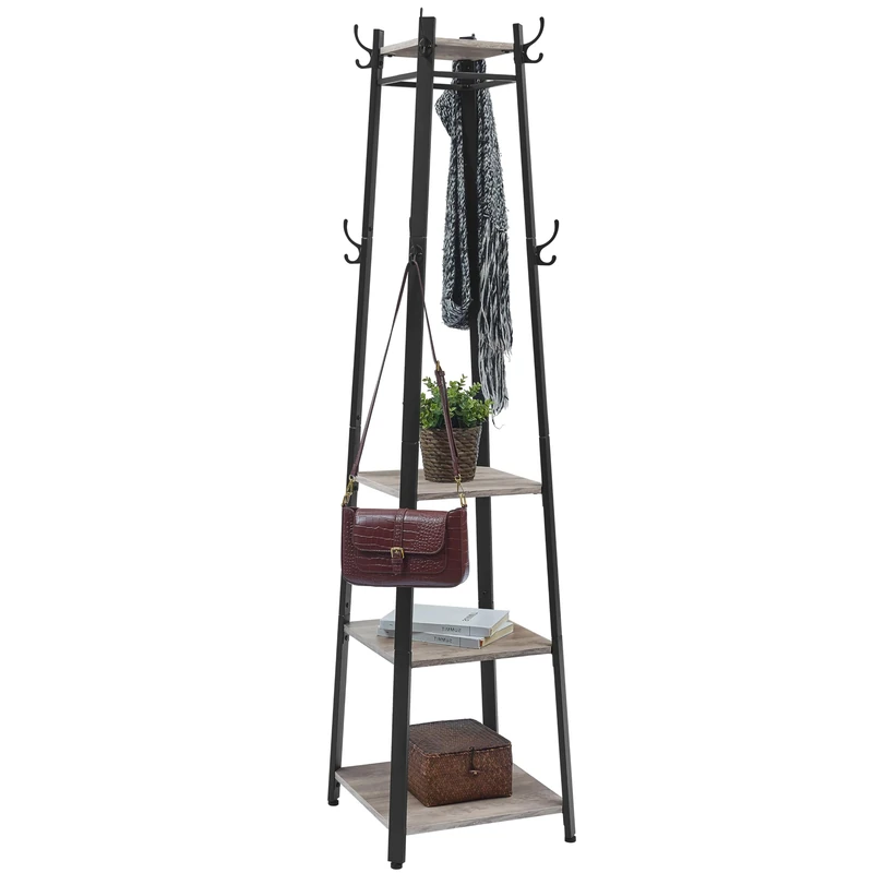 VASAGLE LCR080B02 Coat Rack, Cloakroom, Clothes Rack with 3 Tier Shelf, Hooks and Rails, Steel Frame, Industrial Style, Greige and Black, LCR080B02