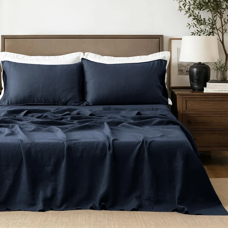 S VICTORY SYMBOL 100% Organic Linen Sheets Set,French Natural Bedding,Ultra Soft Luxurious Stone Washed Flax 4 Pieces Sheets Set(Navy,King)