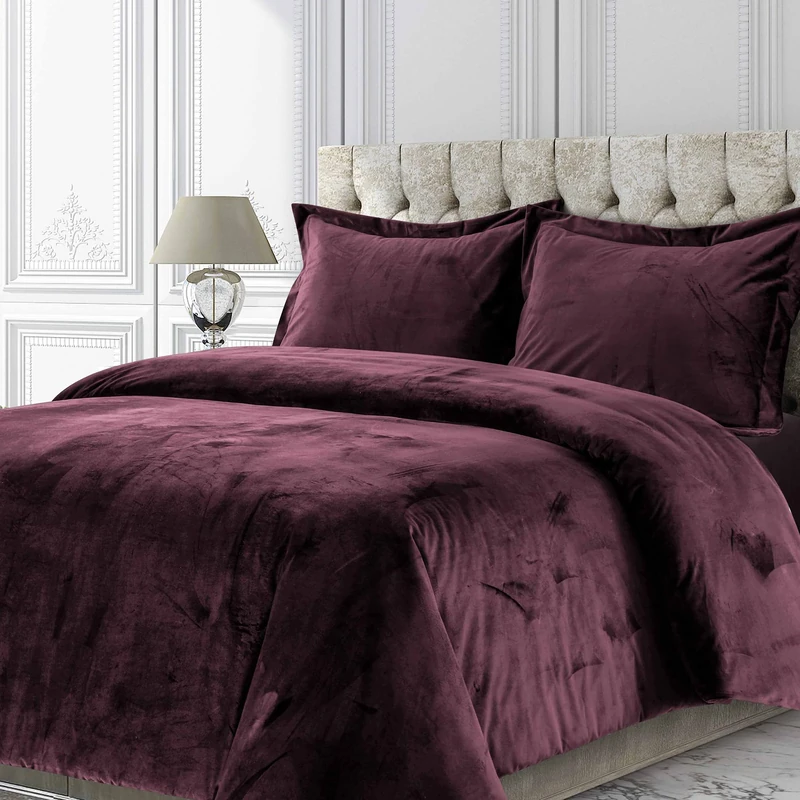 Tribeca Living Venice Velvet Oversized Duvet Set, Luxurious 2-Piece Twin Bedding, Super Soft Velvet with Hidden Button Closure, Plum