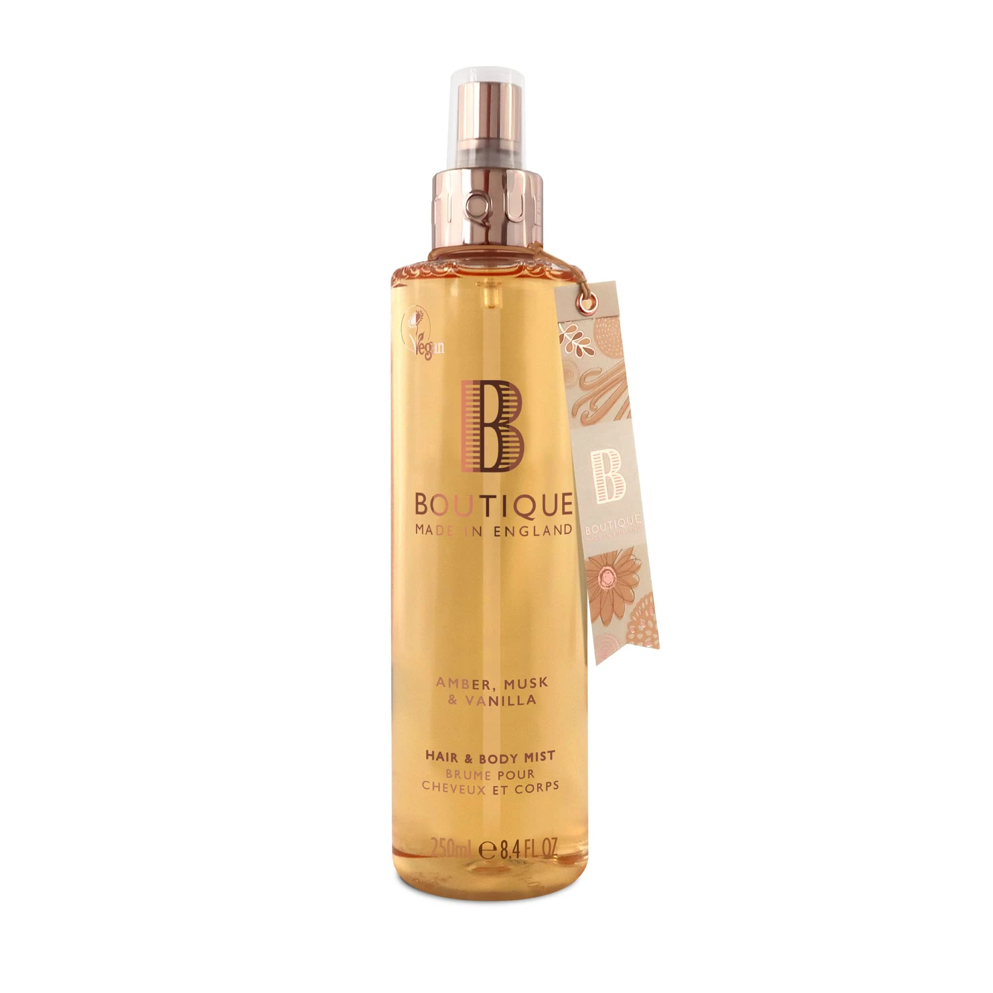 Boutique Body Spray 250ml - Amber, Musk & Vanilla Fragrance Womens Hair & Body Mist - Refreshing, Moisturising Spray With Essential Oils - Vegan - Made In England