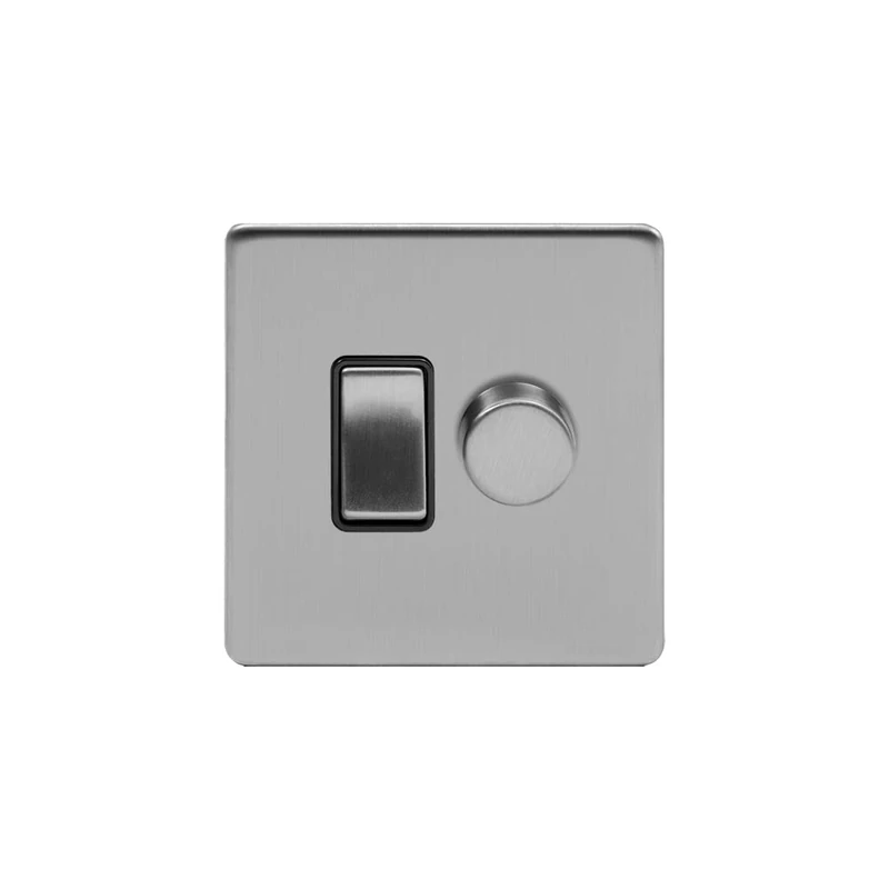 Soho Lighting Brushed Chrome Flat Plate Dimmer and Rocker Switch Combo Blk Ins Screwless (2 Way Switch & Trailing Dimmer)