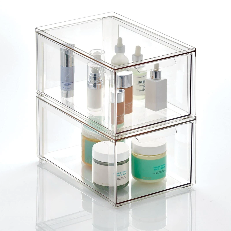 mDesign Storage Box – Deep Stackable Plastic Container with Pull-Out Drawer – Bathroom Organiser Box for Toiletries, Makeup and Beauty Products – Set of 2 – Clear