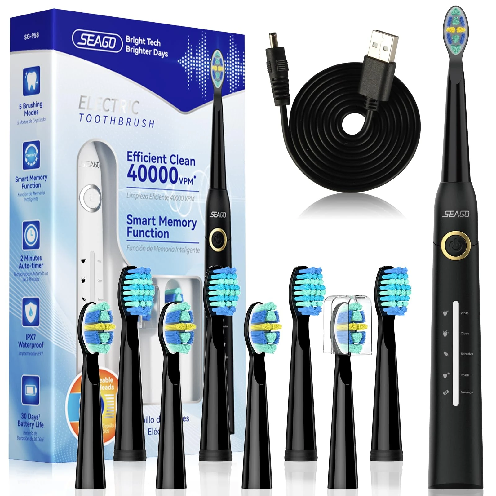 Seago Electric Toothbrush, Rechargeable Toothbrush for Adults Sensitive Teeth, 8 Brush Heads, 5 Modes with Teeth Whitening, Endurance 30 Days, Kids Electric Toothbrushes 6-12, SG-958(Black)