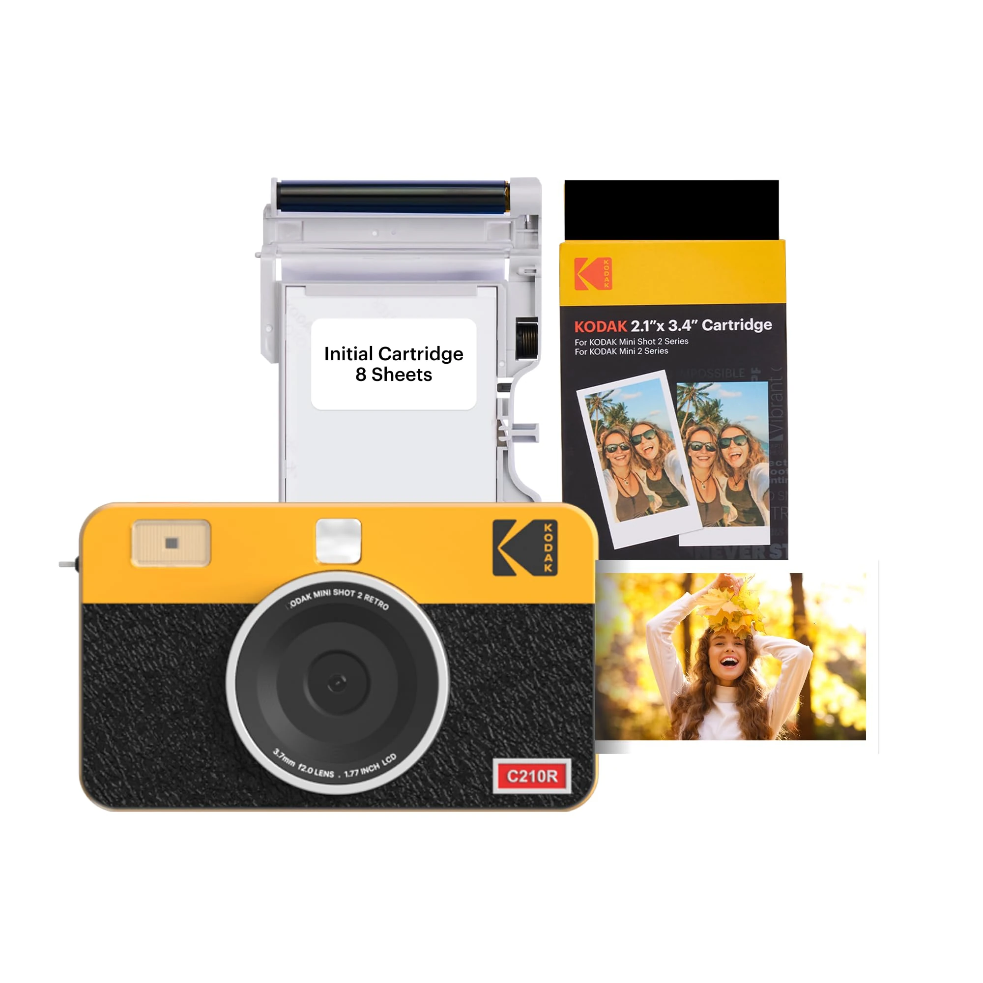 Kodak Mini Shot 2 Retro 4PASS Instant Camera and Portable Photo Printer 2-in-1, 5,3×8,6 Centimeters Instant Prints, 38-Sheet Bundle, Yellow