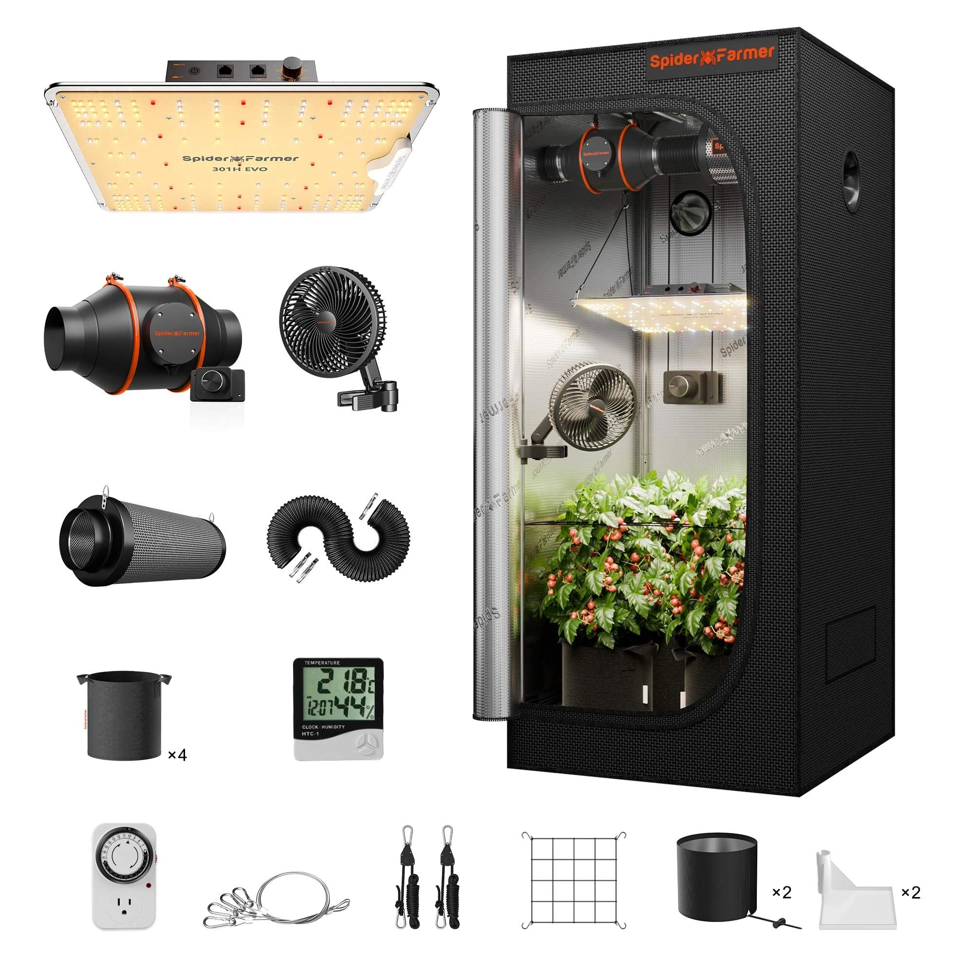 Spider Farmer New EVO Grow Tent Kit Complete 3x3x5 SF1000 Samsung LM301H EVO & Dimmable Grow Tent Complete System 2.3x2.3ft Growing Tent Kit Set 27"x27"x62" with 4 Inch Inline Fan Carbon Filter
