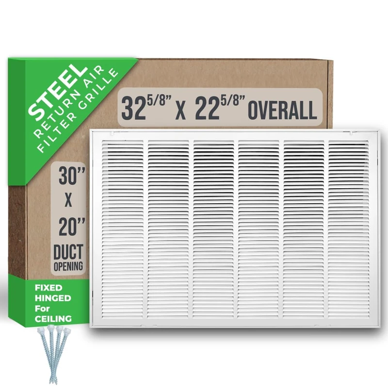 Fits 30x20 Duct Opening | Steel Return Air Filter Grille by Handua [Fixed Hinged] for 1-inch Filters | Vent Cover Grill for Sidewall and Ceiling | White | Outer Dimensions: 32 5/8"W X 22 5/8"H - Image 1