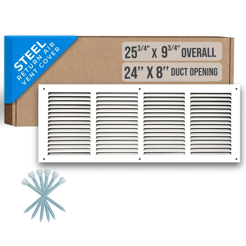 Handua 24"W x 8"H [Duct Opening Size] Steel Return Air Grille (HD Series) Vent Cover Grill for Sidewall and Ceiling, White | Outer Dimensions: 25.75"W X 9.75"H for 24x8 Duct Opening