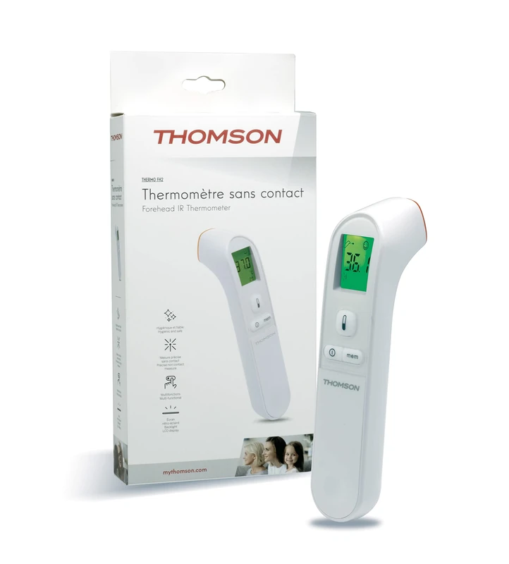 THOMSON Thermo FH2 Non-Contact Thermometer - Instant, Accurate - Object and Body Mode - Fever Alarm, 3 Colors - Backlit LCD Display for Night Measurements