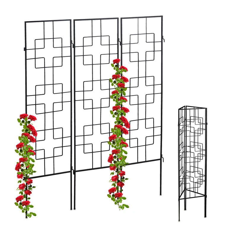 Relaxdays Metal Trellis, Set of 3, Push In, Support for Climbing Plants, Garden, Patio & Balcony, 122 x 30.5 cm, Black