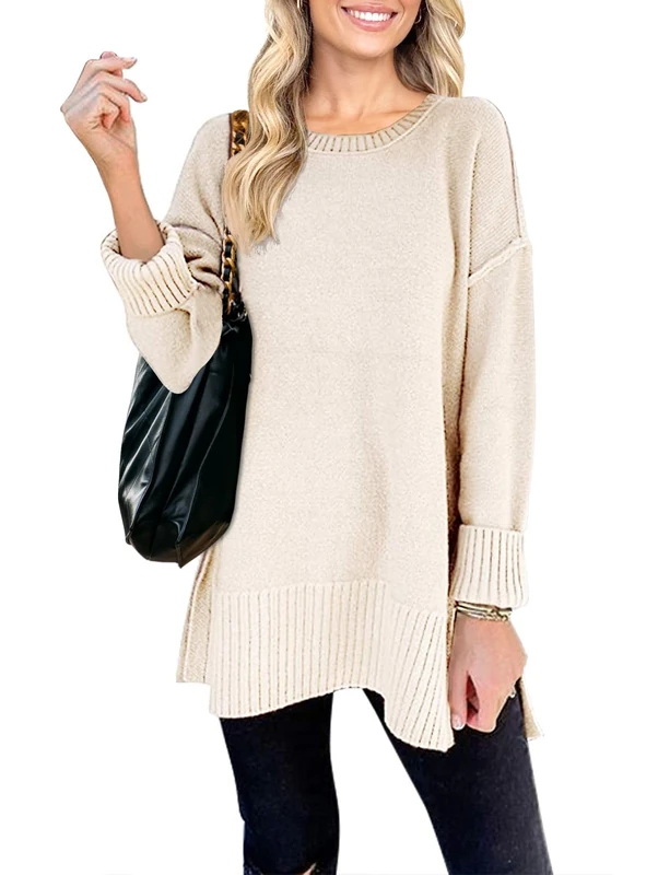 Merokeety Women's 2024 Fall Casual Crew Neck Side Split Pullover Sweater Loose Long Sleeve Jumper Top, Beige, S - Image 1