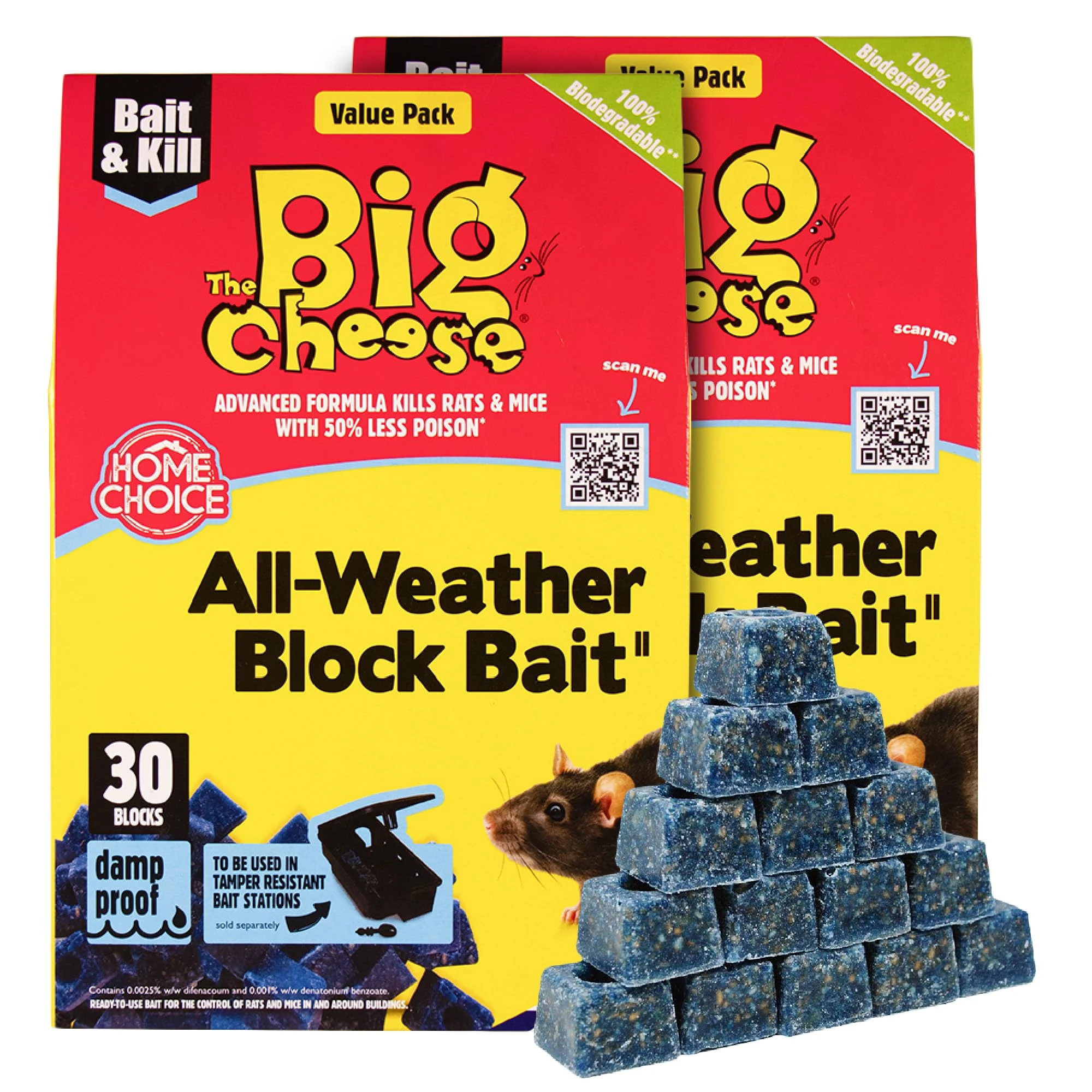 The Big Cheese Rat and Mouse Poison 2 Packs of 30 x 10g - Rodent Killer, Rat Poisoning All Weather Bait Blocks, Blue