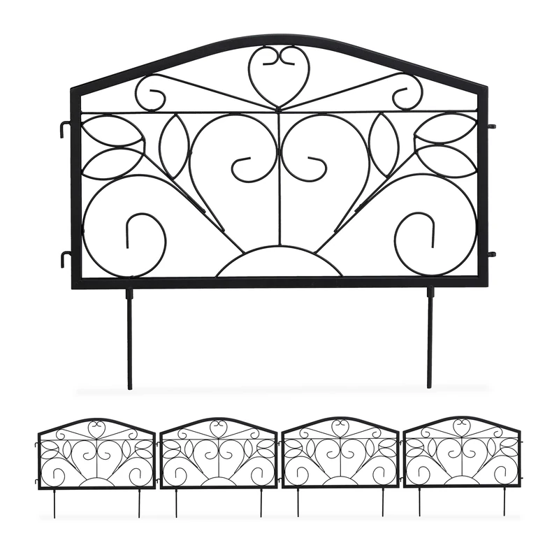 Relaxdays Garden Edging, 4 Piece Set, HxW: 33 x 225 cm, Flowerbed Border Fence, Push-In, Iron, Swirl Design, Black