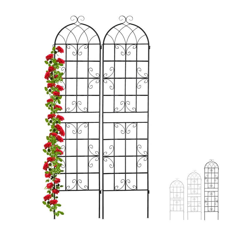 Relaxdays Metal Trellis, Set of 2, Climbing Plant Support, Free-Standing, Vintage Style, 220x50 cm, Garden Panels, Black